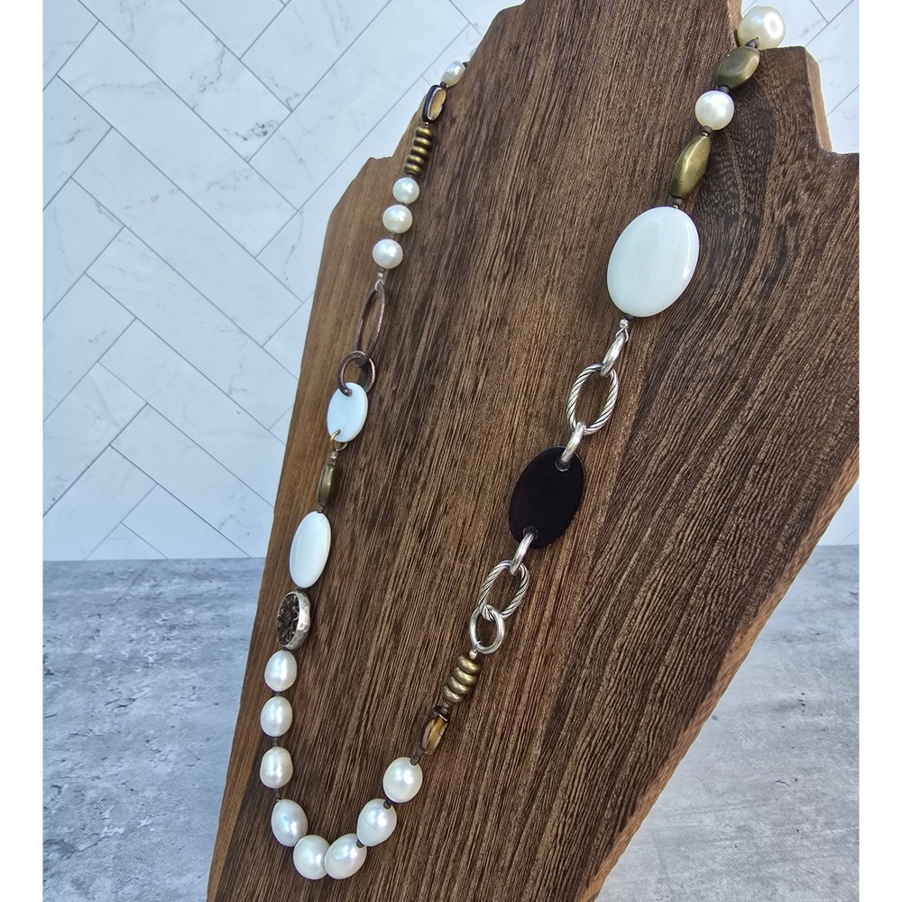 Silpada Retired Mixed Media Necklace Freshwater Pearl Shell Bronze 24 Inch - Picture 4 of 9